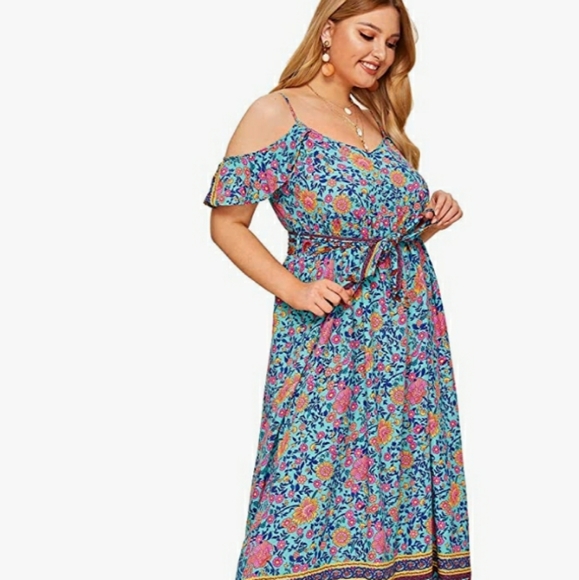 NWT☆Plus Size 3X Gorgeous Blue Floral Cold Shoulder Tie Back Maxi Dress☆Must See - Picture 6 of 9